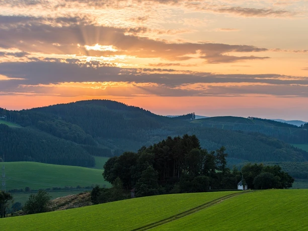 Sonnenuntergang über grünen Hügeln und Wäldern im Sauerland bei Schmallenberg