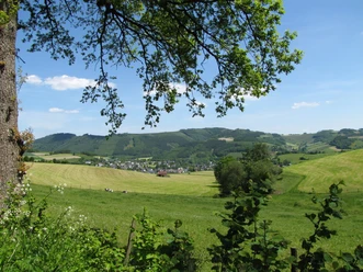 Blick in die Ferienregion Eslohe Weiter Blick über grüne Wiesen, Wälder und Eslohe im Sauerland unter blauem Himmel