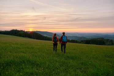 Auf dem Sauerland-Seelenort Krutenberg Zwei Wanderer am Krutenberg im Sonnenaugang