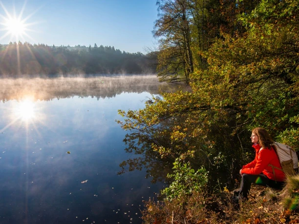 Wanderin am sonnigen Möhneseeufer mit Nebel über dem Wasser und herbstlichem Wald