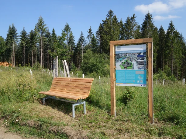 Infotafel und Ruhebank am Wegesrand. Drumherum Büsche. Im Hintergrund ein Nadelwald. Hellblauer Himmer mit einigen Wölkchen.