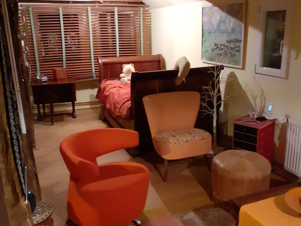 Ein Wohnzimmer mit Holzboden, roten Akzenten, Seilzugsessel, Kissen und dekorativen Kunstwerken.