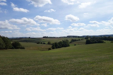 Aussicht über die Felder in Richtung Stadtgebiet Kierspe Panoramablick über Wiesen und Felder. Baumgruppen verteilen sich auf den Feldern. Hellblauer Himmel mit Schäfchenwolken.