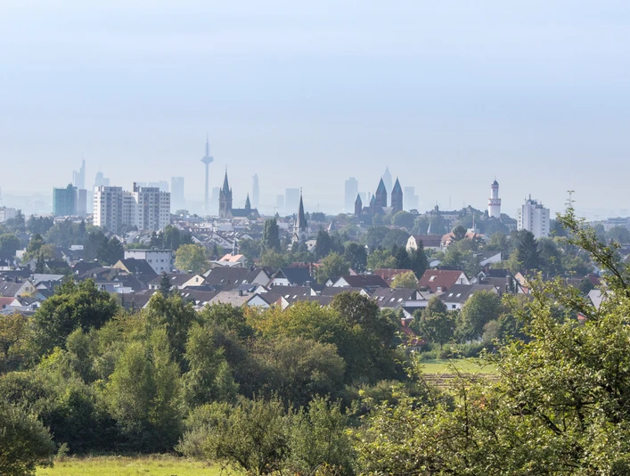 Blick aus dem Kirdorfer Feld auf Bad Homburg und die Frankfurter Skyline