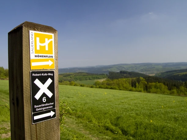Markierung mit Aussicht Wegepfosten mit Markierungszeichen Sauerland-Höhenflug