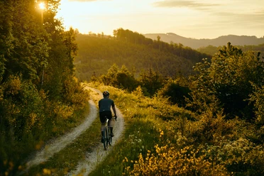 Gravelbiker auf Waldweg bei tief stehender Sonne im hügeligen Sauerland