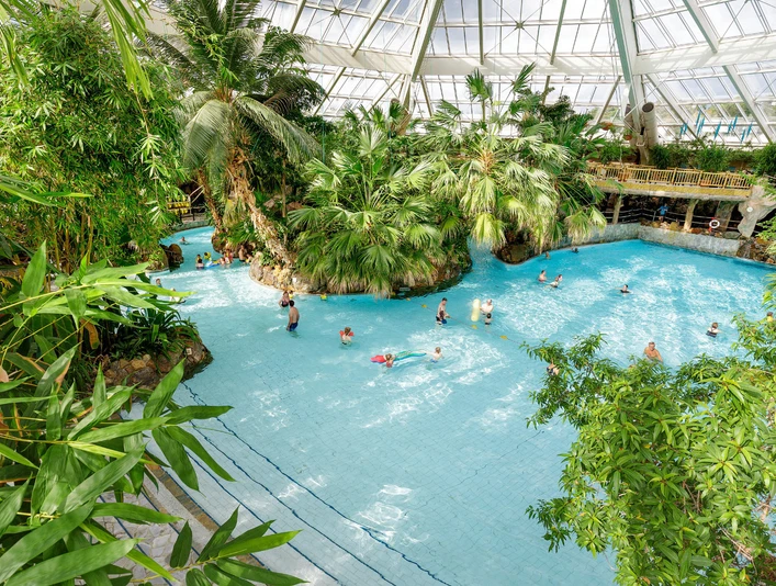 Center_Parcs_1.jpg Innenansicht eines tropischen Schwimmbads mit üppiger Vegetation und schwimmenden Personen.