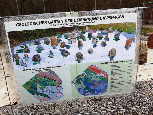 Infotafel mit Gesteinsproben und geologischer Karte im Geologischen Garten Giershagen
