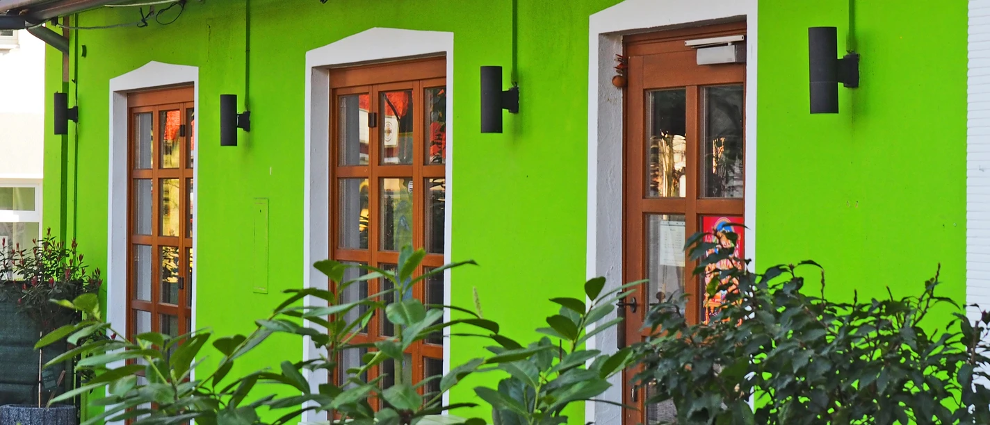 Grüne Hausfassade mit drei Holzfenstern, umgeben von Pflanzen; moderner, urbaner Stil.