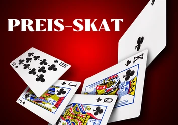 Preis Skat.png Spielkarten mit Kreuzsieben, Herzdame, Herzbube und Pik-König fliegen auf rotem Hintergrund.