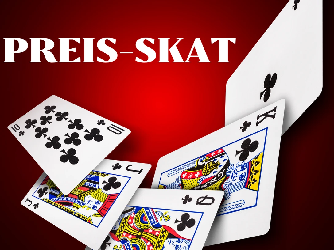 Preis Skat.png Spielkarten mit Kreuzsieben, Herzdame, Herzbube und Pik-König fliegen auf rotem Hintergrund.