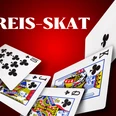 Preis Skat.png Spielkarten mit Kreuzsieben, Herzdame, Herzbube und Pik-König fliegen auf rotem Hintergrund.