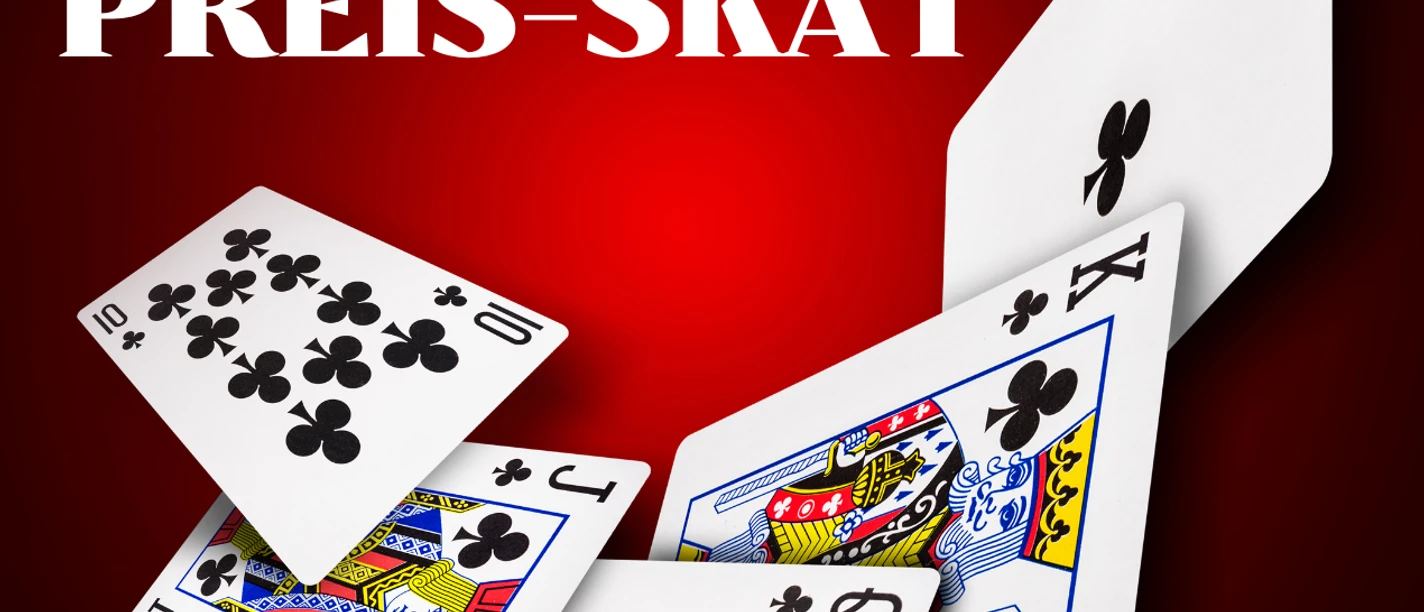 Preis Skat.png Spielkarten mit Kreuzsieben, Herzdame, Herzbube und Pik-König fliegen auf rotem Hintergrund.