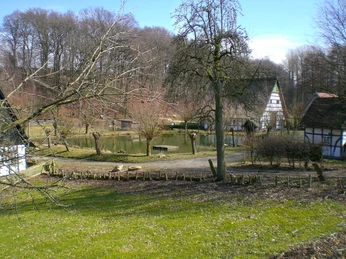 Freilichtmuseum mit traditionellen Fachwerkhäusern, Teich und umgebender Waldlandschaft im Frühling.