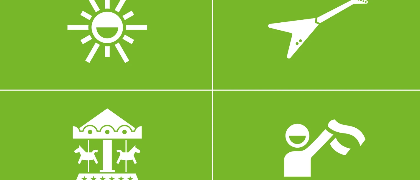 Veranstaltung in Bochum_Grün.png <p>Grünes Icon-Set mit Symbolen für Sonne, E-Gitarre, Karussell und feiernde Person.</p>