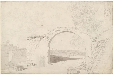 Tekening van een oude stenen boog in een landschap, met bomen op de achtergrond en vaten op de voorgrond, in een schetsmatige stijl.