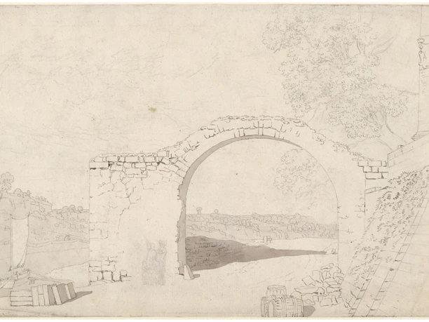 Drawing of an old stone arch in a landscape, with trees in the background and barrels in the foreground, in a sketchy style.