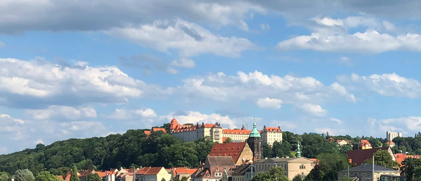 Blick auf die Altstadt von Pirna Stadtansicht mit Fluss im Vordergrund, historischen Gebäuden mit roten Dächern und grünem Turm, umgeben von Bäumen unter blauem Himmel mit Wolken.