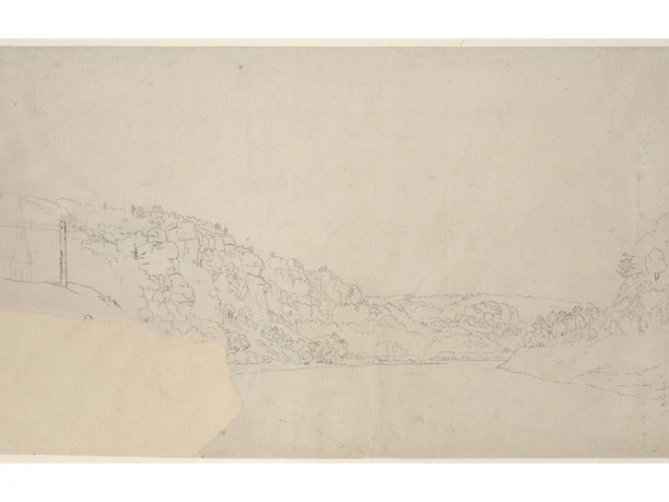 Sketch of a river landscape with hills and trees, minimalistically drawn on beige paper, calm atmosphere.