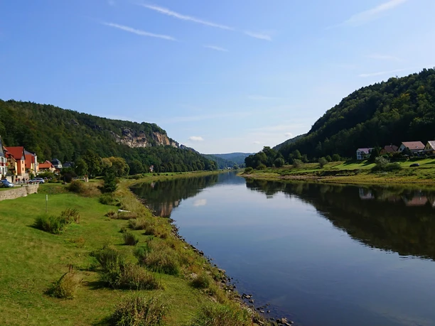 Blick vom Elbufer in Wehlen Richtung Rathen Flusslandschaft mit ruhigem Wasser, grünen Ufern und bewaldeten Hügeln; links bunte Häuser, klare, sonnige Atmosphäre.