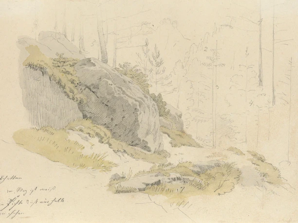 Caspar David Friedrich: Felsen an einem Waldweg, um 1810 Eine Bleistiftzeichnung zeigt einen großen Felsen in einer bewaldeten Landschaft, umgeben von Gras und Büschen, mit zarten Baumskizzen im Hintergrund.