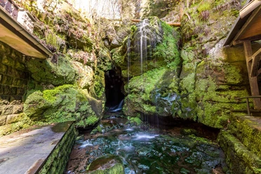 Amselfall Ein kleiner Wasserfall fließt über moosbedeckte Felsen in eine Höhle, umgeben von üppiger Vegetation und Steinmauern, in einer ruhigen, natürlichen Umgebung.