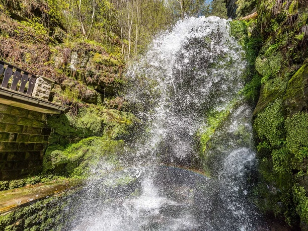A waterfall cascades over moss-covered rocks, next to a wooden parapet; sunlight creates a small rainbow.