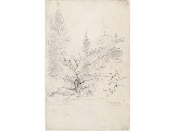 Pencil drawing of a rocky landscape with several fir trees, conveying a calm and natural atmosphere.