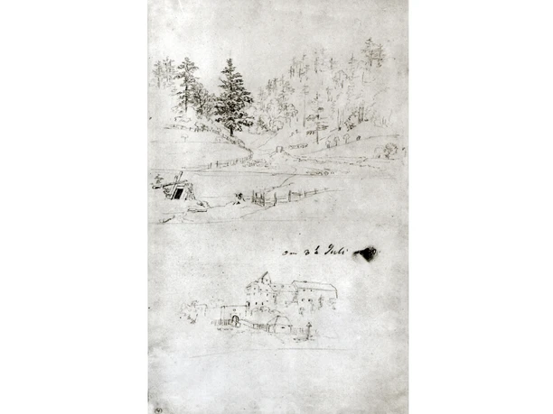 Caspar David Friedrich: Felsstudien, dat. 8.7.1800 Skizze einer ländlichen Landschaft mit Bäumen, Hügeln und einem Gebäude im Vordergrund, datiert "am 26. Juli".