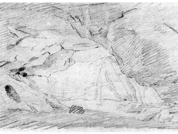 Caspar David Friedrich: Felshöhle: Der Kuhstall bei Schandau, um Mai 1818 Schwarz-weiße Bleistiftzeichnung des Felsentor Kuhstall mit Schattierungen und Linien, die eine ruhige, natürliche Atmosphäre erzeugen.