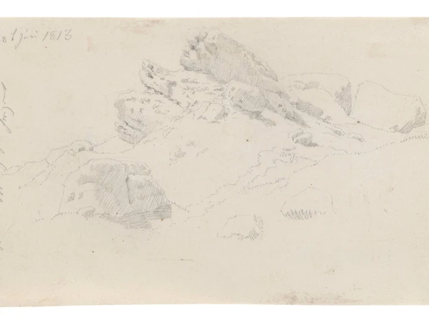 Pencil drawing of rocks in a hilly landscape, dated June 3, 1813, with fine hatching and sketchy lines.