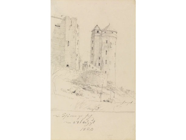Potloodtekening van Kasteel Stolpen met twee torens en een muur, gedateerd 27 augustus 1820, met schetsmatige details en een rustige sfeer.