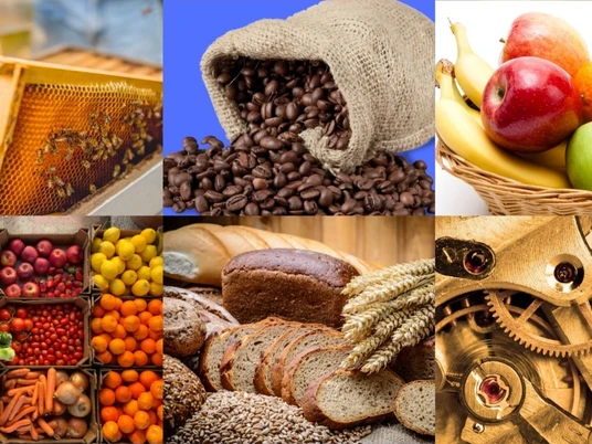 Wochenmarkt-Steinhude-Scheunenviertel Eine Collage aus frischen Nahrungsmitteln, inklusive Brot, Obst, Gemüse, Kaffeebohnen und Honigwaben.