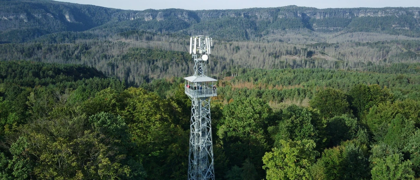 Janovské hledisko Z hustého zeleného lesa se tyčí stožár mobilního telefonu, v pozadí jsou zalesněné kopce a jasná obloha.