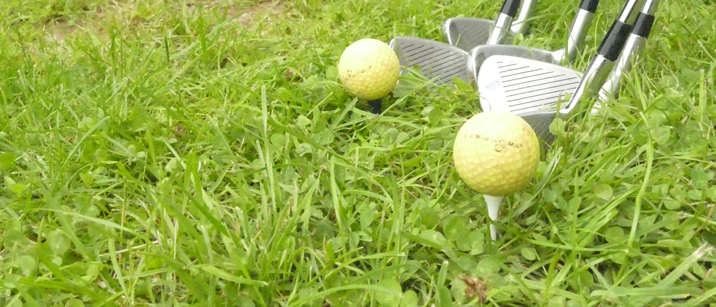 Crossgolf.jpg Golfschläger und Bälle auf grünem Rasen, bereit zum Abschlag.