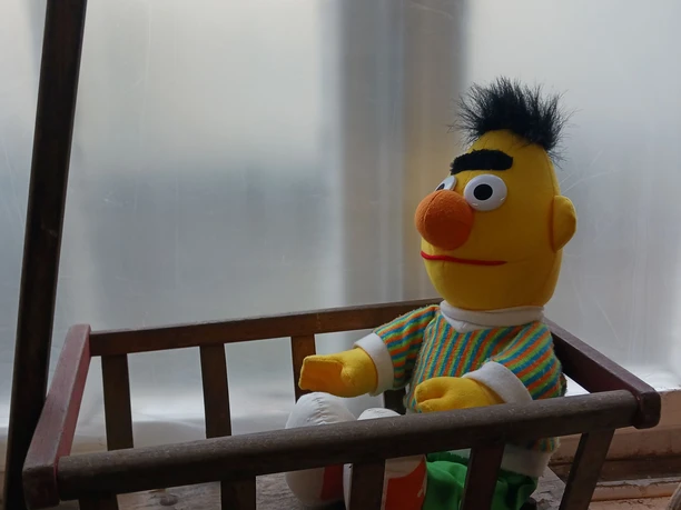 Sonderausstellung Eine Bert-Plüschfigur sitzt in einem kleinen, alten Holzspielzeugwagen vor einem Fenster.