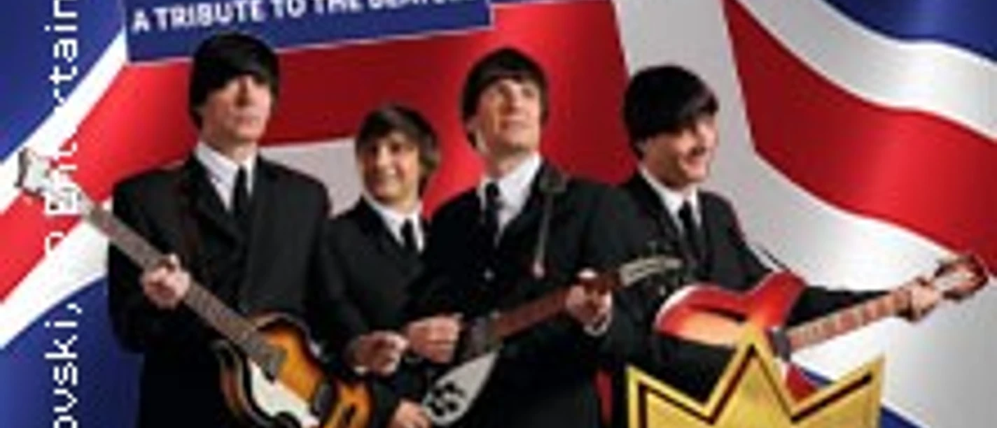 Vier Musiker im Beatles-Stil vor britischer Flagge mit Hinweis auf eine neue Tribute-Show