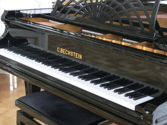 Serenade am Flügel C. Bechstein Flügel mit eleganter schwarzer Lackierung und detailreicher Oberfläche auf Holzfußboden.