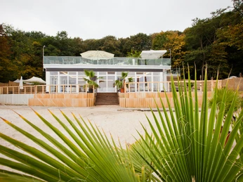 23__sommerfest1.jpg Modernes Strandrestaurant mit Terrasse, umgeben von Palmen und herbstlichen Bäumen im Hintergrund.</p>Modern beach restaurant with terrace, surrounded by palm trees and autumnal trees in the background.</p> <p