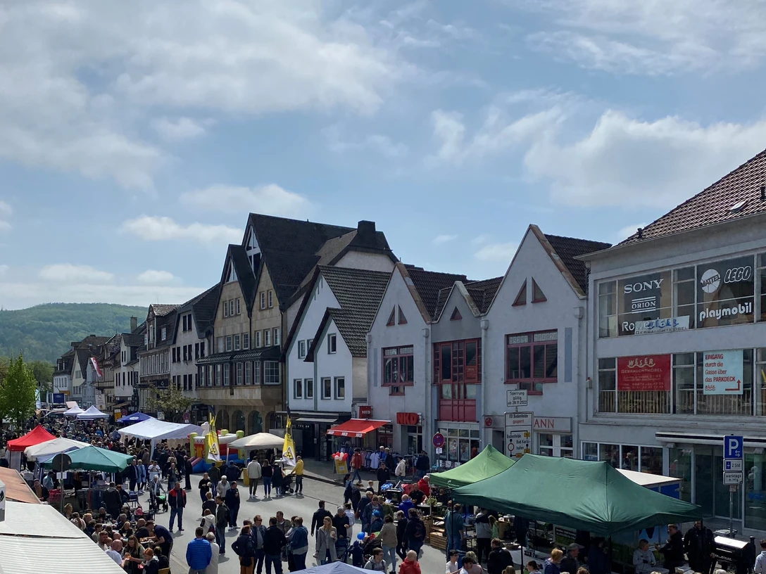 Blütenfest Beverungen Menschenmenge genießt das Blütenfest in Beverungen; bunte Stände und historische Fachwerkhäuser.