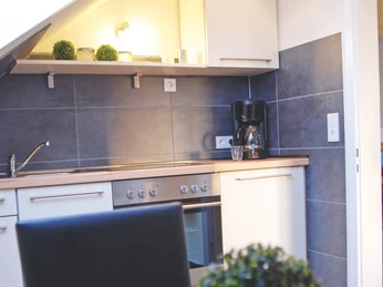 FEWO_Enie_2_KuecheCC-BY-SA_Teutoburger_Wald_Stadt_Schloss_Holte-Stukenbrock.jpg Moderne Küche mit Herd, Spüle und Kaffeemaschine. Rote Tischdecke mit Topfpflanze im Vordergrund.