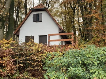 Ein weißes Haus mit Schindeldach steht umgeben von herbstlichem Laub im Wald und vermittelt Ruhe.
