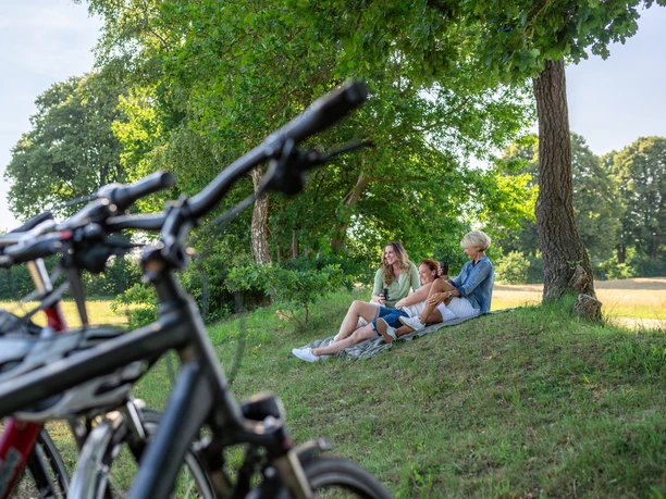 Pause am Radfernweg Hamburg-Rügen Im Schatten von Bäumen machen drei Frauen eine Pause auf ihrer Fahrradtour.