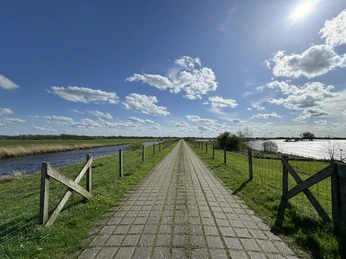 Frühjahr-Naturschutzgebiet Polder Holter Hammrich, Gemeinde Rhauderfehn, Rundkurs mit Blick rechts auf den Polder und links auf das Burlage-Langholter Tief Langer gepflasterter Weg zwischen zwei Gewässern unter blauem Himmel mit verstreuten Wolken.