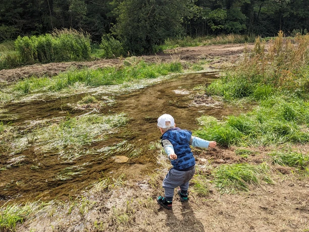 Freude an der Altenau Ein Kind im blauen Anorak und Mütze tobt am flachen Bachufer im Grünen bei einem Wald.