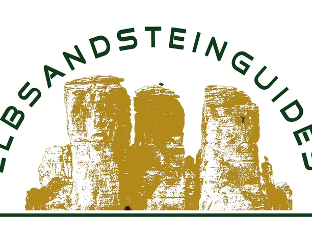 Logo with three stylized, golden sandstone rocks and the lettering "Elbsandsteinguides" in an arch above them.