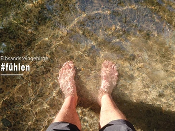 Naturerlebnisse Elbsandsteinguides Zwei nackte Füße stehen im klaren Wasser auf einem steinigen Untergrund, begleitet von der Aufschrift "Elbsandsteingebirge #fühlen".