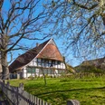 Windheim No2 | Historische Hofstelle mit Café und Storchenmuseum Fachwerkhof mit Strohdach, Grünfläche, blühende Bäume; Nutzung als Café und Storchenmuseum in Petershagen.