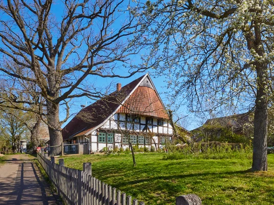 Windheim No2 | Historische Hofstelle mit Café und Storchenmuseum Fachwerkhof mit Strohdach, Grünfläche, blühende Bäume; Nutzung als Café und Storchenmuseum in Petershagen.