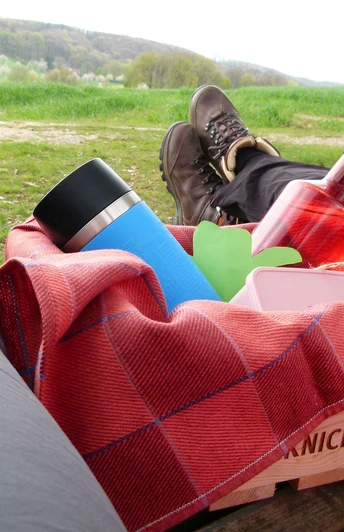 Zwei Personen liegen auf einer Wiese, eine Picknickkiste mit Getränken und Decke zwischen ihnen.